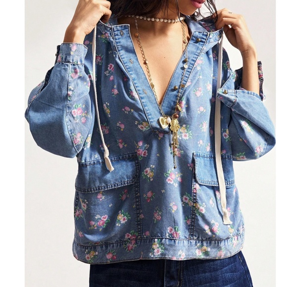Medium Wash V neck Floral Print Oversized Denim Jean Hoodie Shirt - Picture 3 of 6
